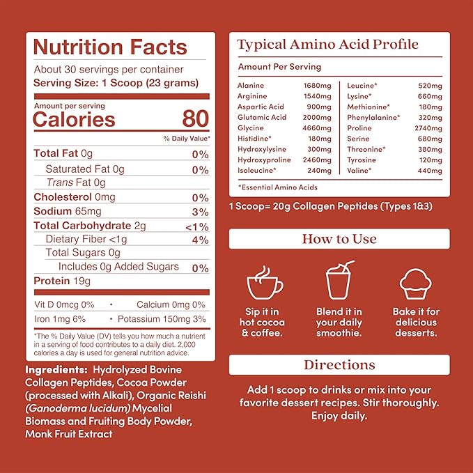 Further Food Chocolate Collagen Peptides Powder with Reishi Mushroom - 100% Grass-Fed Hydrolyzed Type 1 &amp 3 20g of Collagen per Serving Supports Skin Hair Nails &amp Joints 24.34 Oz