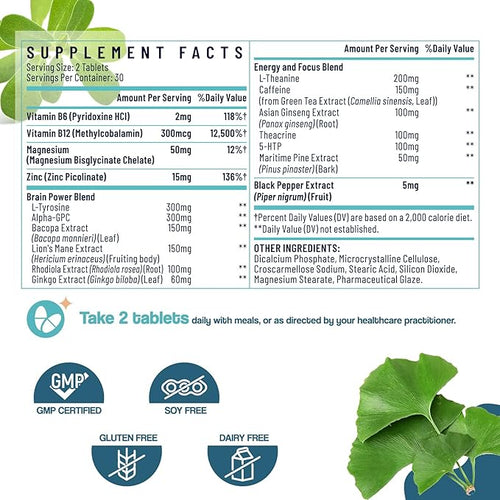 17-in-1 Brain Supplement for Memory and Focus | Nootropic Brain Supplement for Mental Clarity Concentration Alertness | Natural Nootropics with Herbal Extracts Vitamins &amp Amino Acids (60 Tablet