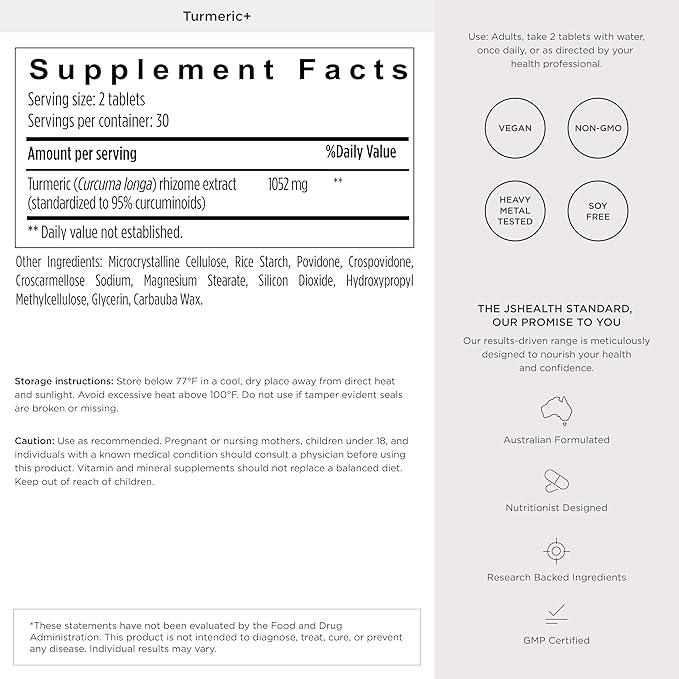JSHealth Turmeric Curcumin Supplement - Turmeric Supplement for Joint Support - Contains Bioavailable Curcumin C3 Complex - 30 Servings