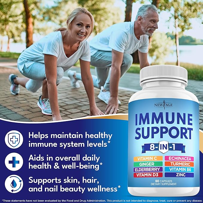 NEW AGE 8 in 1 Immune Support Booster Supplement with Echinacea Vitamin C and Zinc 50mg Vitamin D 5000 IU Turmeric Curcumin &amp Ginger B6 Elderberry 120 Count (Pack of 2)