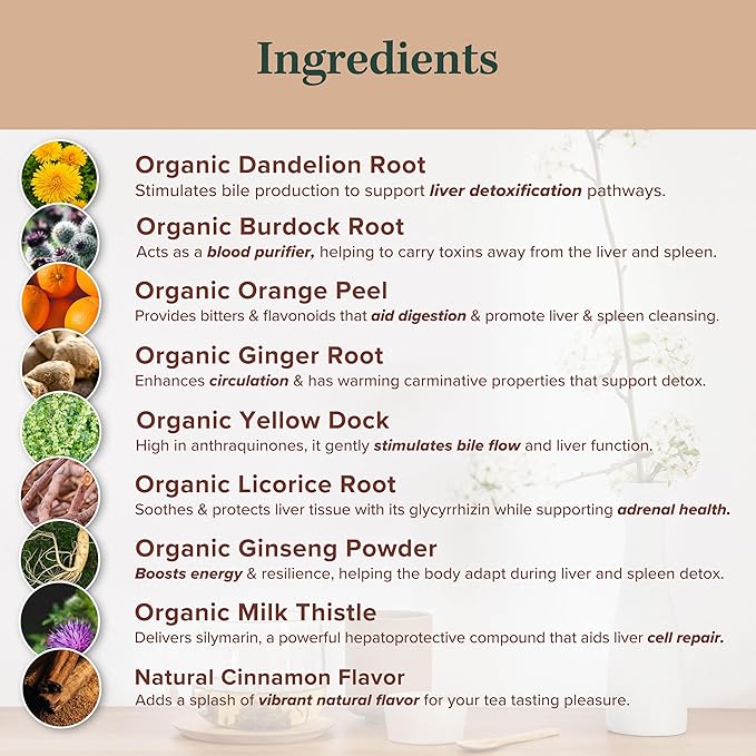 Jade Tea Organic Dandelion Root Tea For Liver &amp Spleen Detox Tea - Burdock Root Ginger Root &amp Orange Peel - Supports Liver Kidney Gallbladder &amp Spleen Health - Cinnamon Spice Made In