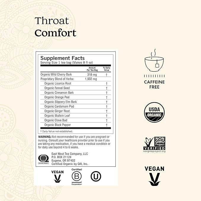 Yogi Tea - Throat Comfort (6 Pack) - Soothes the Throat with Wild Cherry Bark Licorice Root Mullein and Ginger - Caffeine Free - 96 Organic Herbal Tea Bags