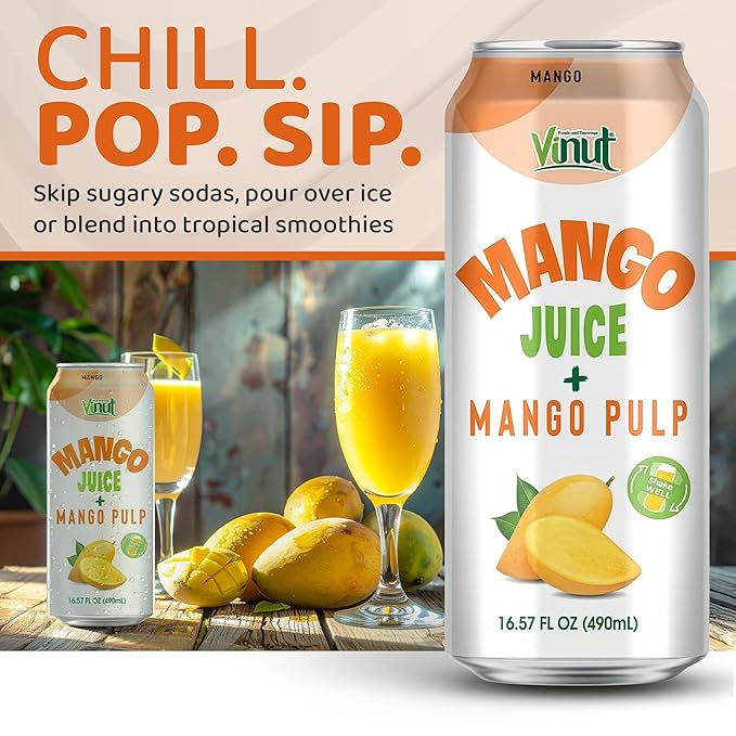 Vinut 100% Mango Juice with Pulp (16.57 fl oz Pack of 6) No Sugar Added All Nature Mango Juice Not From Concentrate Gluten Free GMO-Free High Calcium Iron