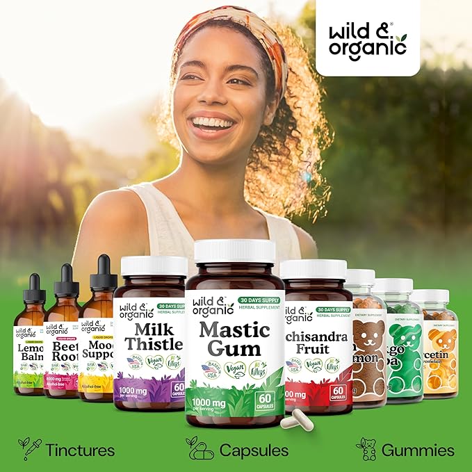 Wild &amp Organic Mastic Gum Capsules - 1000 mg Mastic Gum Supplement for Gut Support - 30 Days of Supply - 60 Vegan Resin Capsules - No Fillers Non-GMO Gluten-Free