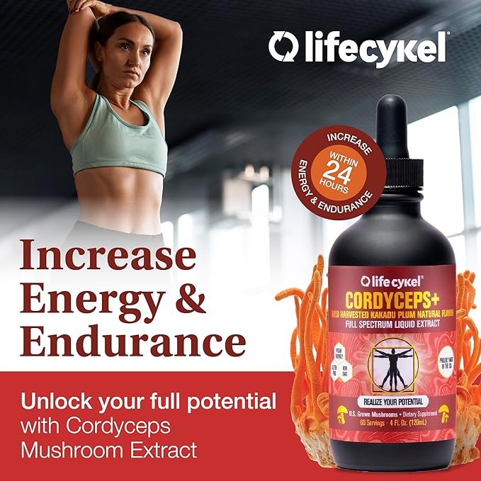 Life Cykel Cordyceps Mushroom Extract with Kakadu Plum - Energy Stamina &amp Vitality Support Natural Aging Supplement - Non-GMO and Vegan Tincture - 4Fl Oz