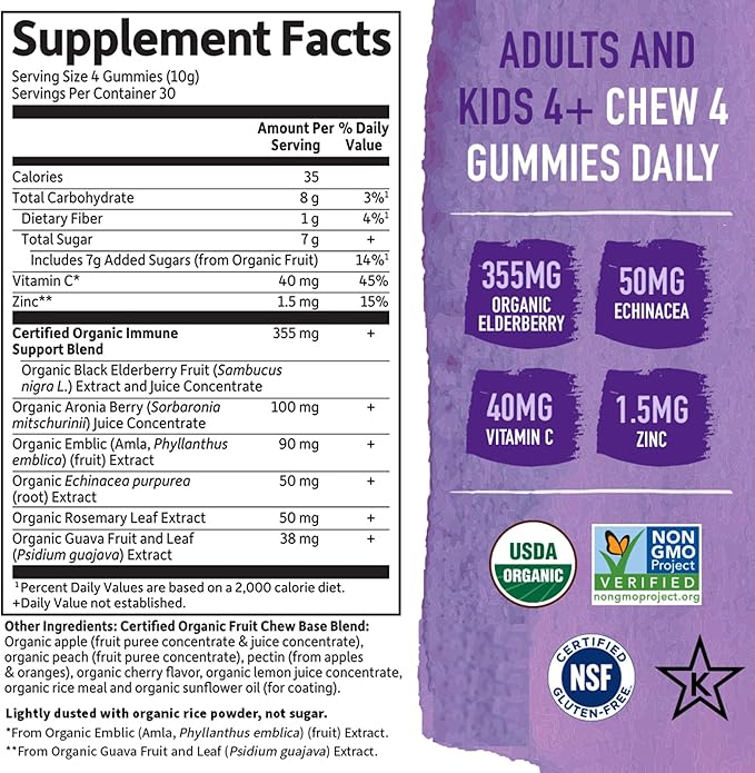 Garden of Life Organics Elderberry Gummies for Adults &amp Kids - Immune Support Supplement with Organic Fruit Herbal Blend Elderberry Echinacea Zinc Vitamin C 120 Vegan Gluten Free Gummies