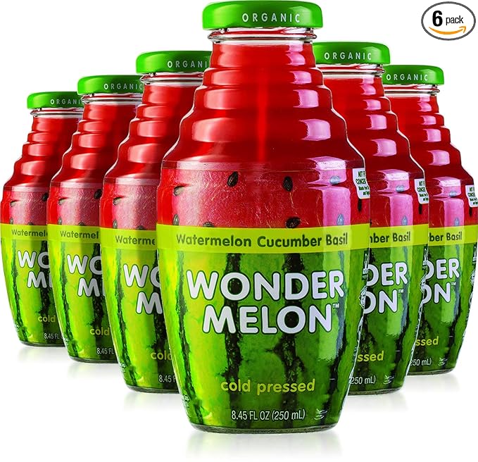 Wonder Melon Organic Watermelon Juice with Cucumber &amp Basil 8.45oz (6 Pack) 100% Juice Cold Pressed Best By: 6/27/2026