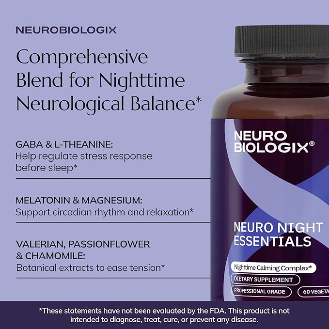 Neurobiologix Neuro Night Essentials Calming Nighttime Formula with GABA L-Theanine Valerian Root &amp Magnesium Supports Relaxation Emotional Balance &amp Wind-Down Routine 60 Vegetarian Capsule