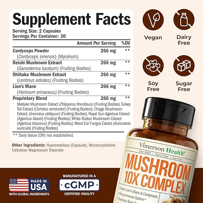 Mushroom 10x Complex with Lions Mane Extract Turkey Tail Cordyceps Reishi Shiitake Chaga &amp Maitake for Cognitive Support – Vegan Mushroom Supplement Blend for Natural Energy &amp Focus – 60
