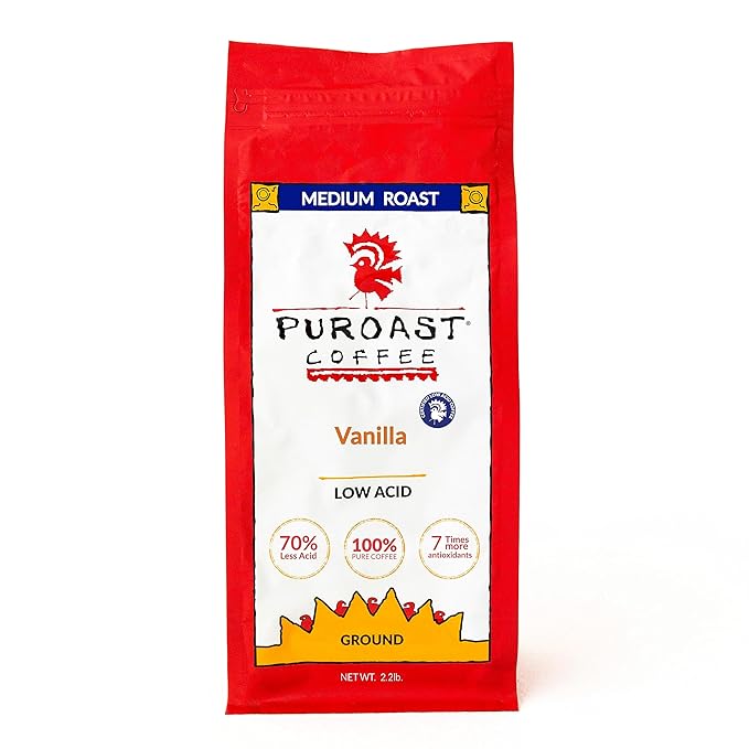 Puroast Low Acid Coffee Flavored Coffee | Vanilla Ground | Medium Roast | High Antioxidants &amp High pH |No Bitter Aftertaste | Reduced Heartburn &amp GERD | Suitable for Cold Brew - 2.2 LB