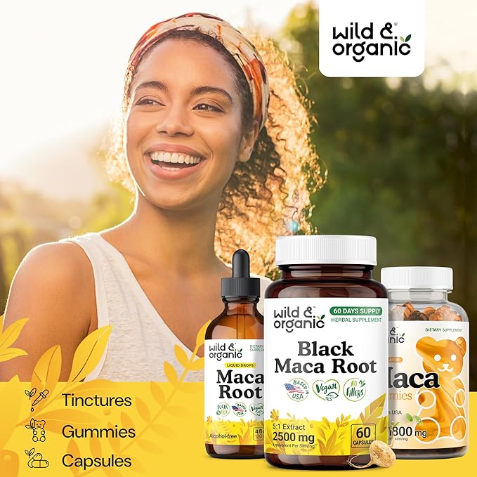 Wild &amp Organic Black Maca Root Capsules for Women &amp Men 500 mg - Maca Root Extract for Overall Support - 60 Vegan Capsules - Men &amp Women Supplement - 60 Days Supply - Non-GMO No Fillers