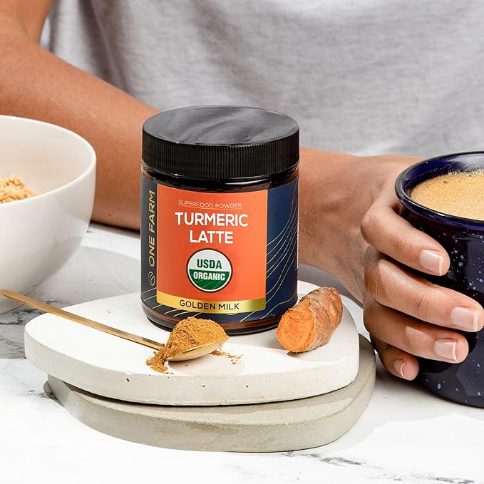 Turmeric Latte Powder - USDA Organic &gt5% Curcuminoid Turmeric Lions Mane Ashwagandha Ginger Cinnamon in a Resealable Glass Jar 45 Servings - Perfect for Making Golden Milk