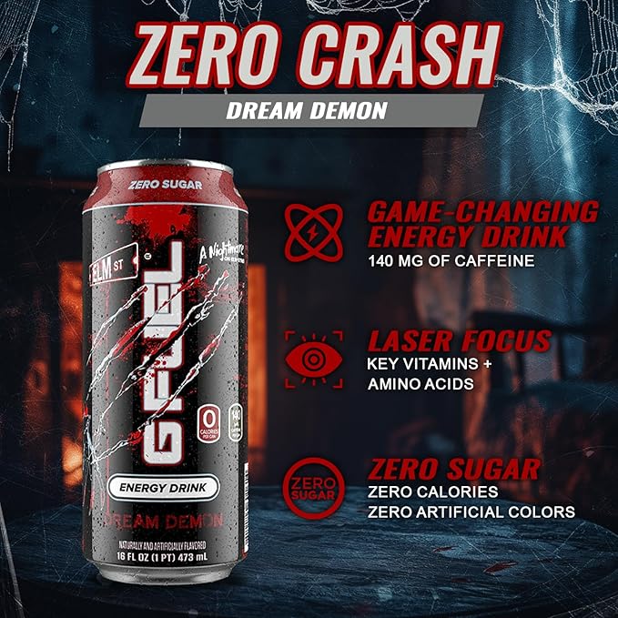 G Fuel Energy Drink Fruit Punch Sugar Free Beverage with 140mg Caffeine Daily Energy Boost with Focus Amino Vitamin + Antioxidants 16 oz Cans (Nightmare on Elm Street 12-Pack)