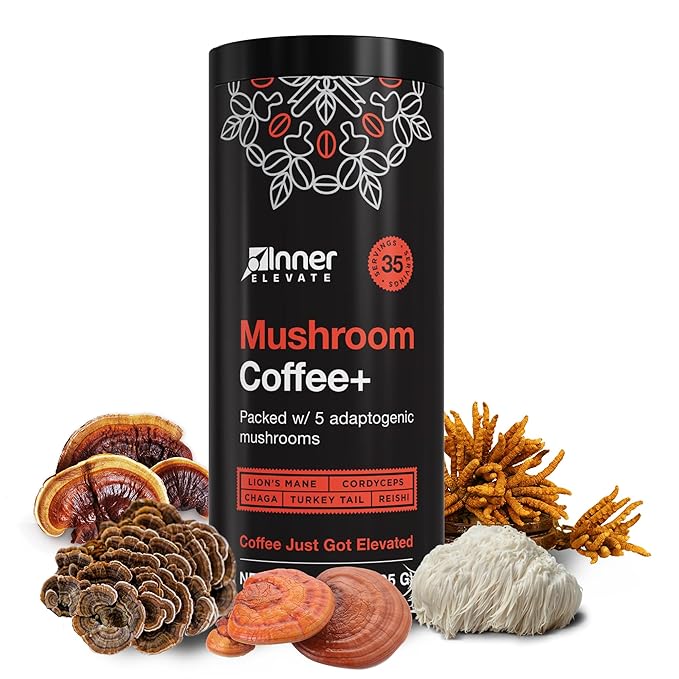Inner Elevate Mushroom Coffee Superfood with 5 Adaptogenic Mushrooms - Upgraded Coffee Alternative with Half Caffeine - Arabica with Lion's Mane Cordyceps Chaga Reishi Turkey Tail and L-Theanine