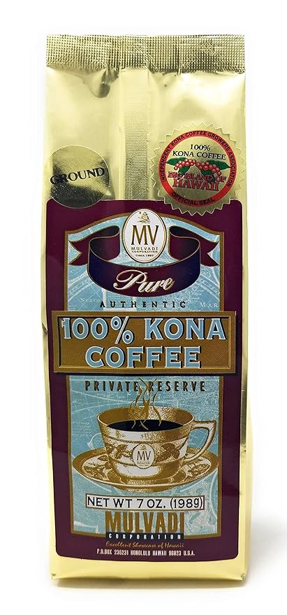 Mulvadi 100% Kona Coffee Private Reserve Ground 7 oz Resealable Bag – Premium Hawaiian Coffee