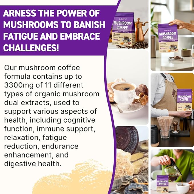 Mushroom Coffee Organic 11 Mushrooms + 8 Adaptogenic Herb Mushroom Coffee for Focus Energy Digestion &amp Immune Support| Cordyceps Lion’s Mane Reishi Chaga &amp Ashwagandha| Gluten Free 30 S