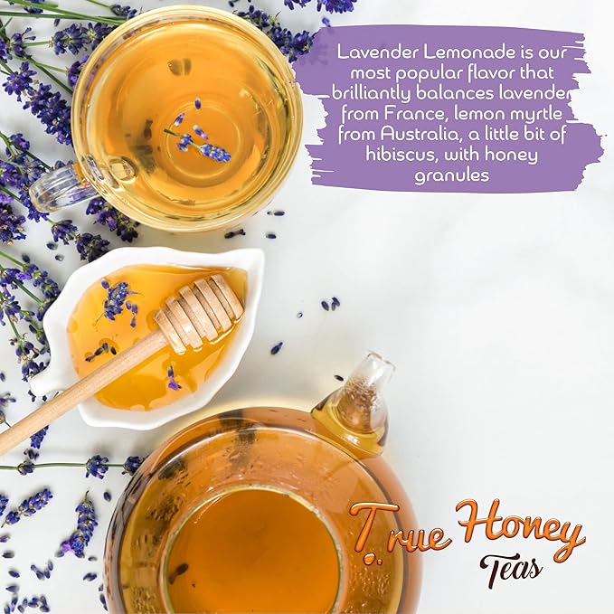 True Honey Lavender Lemonade Tea Bags - Tranquil Tea for Sleep Stress Relief and Calm - All Natural Organic Lemon Myrtle Herbal Caffeine-Free Blended with Honey Crystals - 24 Count