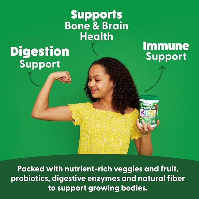 Feel Great USDA Organic Super Greens Powder for Kids - Cocao Chocolate | Fruit &amp Veggie Supplement | Superfood Powder with Probiotics &amp Digestive Enzymes for Digestive Health | 60 Days Supply