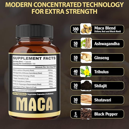 7in1 Premium Maca Root Capsules - with Ashwagandha Ginseng Tribulus Shilajit Shatavari &amp Black Pepper - Natural Energy Performance &amp Mood Support - 150 Counts for 5 Months
