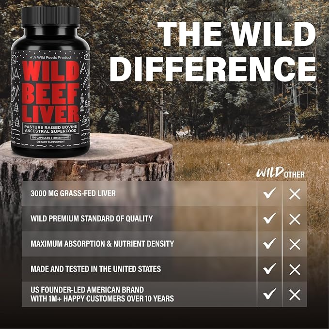 Wild Foods Beef Liver Capsules - Grass-Fed &amp Pasture-Raised | 3000mg Ancestral Supplement for Natural Energy &amp Immune Support | Organ Supplement for Men &amp Women | Keto Paleo Carnivore (1