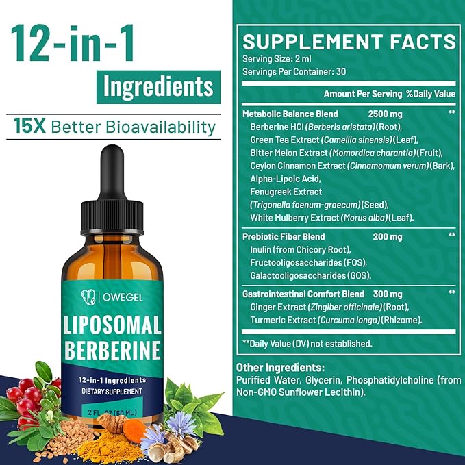 Liposomal Berberine HCL Liquid Drops – Advanced 12-in-1 Herbal Formula with Ceylon Cinnamon Bitter Melon Green Tea &amp More – 4 Fl Oz