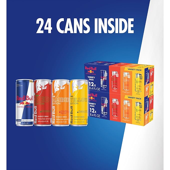 Red Bull Energy Drink Variety Red-Bull Red Yellow and Amber Edition and Energy Drinks 8.4 Fl Oz Cans (Pack of 48)