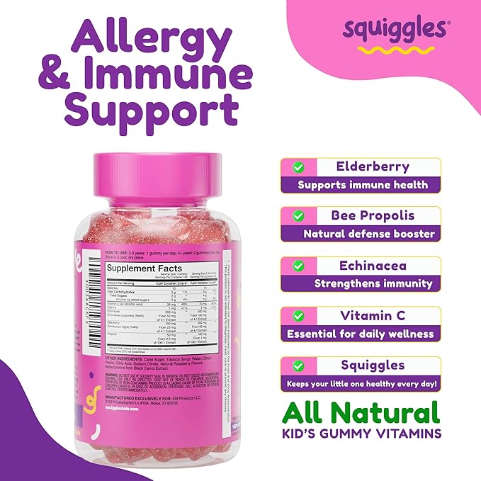 Squiggles Sniffle Berries Elderberry Gummies with Bee Propolis &amp Echinacea Kids Immune Booster Propolis Gummies for Health Toddler Vitamins for Immune Support Tasty Chewy Gummy (100 Count)