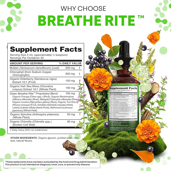 Clean Nutra Mullein Drops for Lungs Organic Chlorophyll Liquid Irish Sea Moss Spirulina Licorice Tart Cherry Lobelia Motherwort &amp Elderberry Mullein Leaf Extract Tincture Men Women Supplement