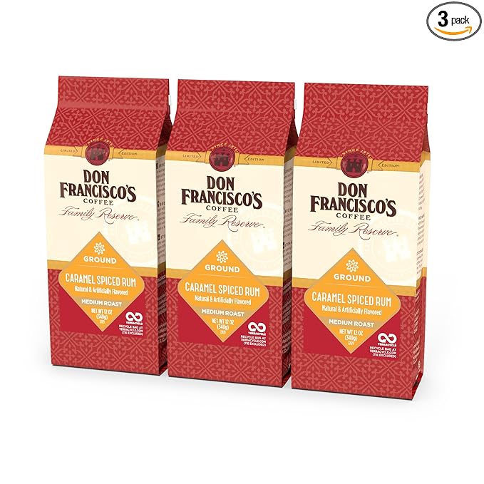 Don Francisco's Caramel Spiced Rum Ground Coffee Medium Roast – 100% Arabica Seasonal Flavored Coffee 3-Pack of 12 oz Bags