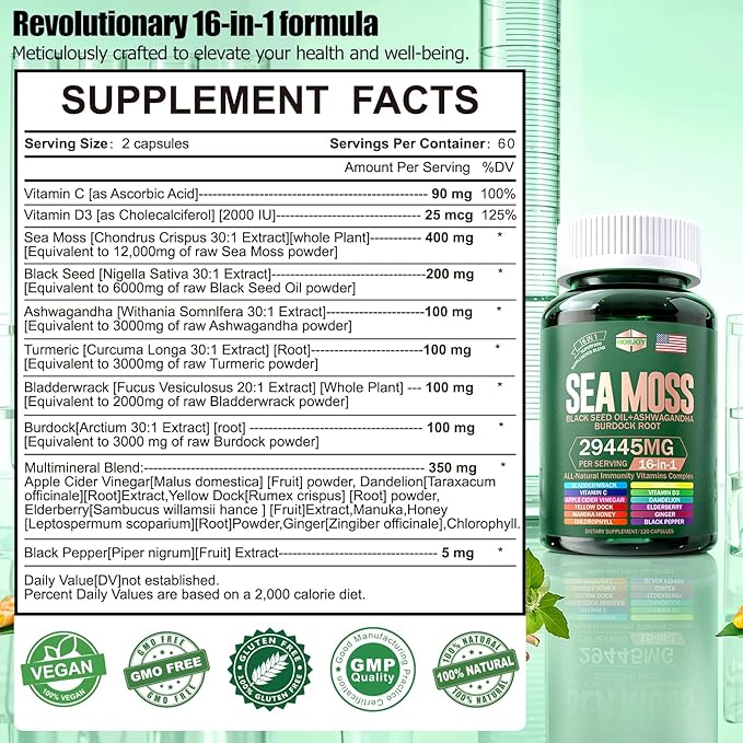 Sea Moss 12000mg Black Seed Oil 6000mg Ashwagandha 3000mg Turmeric 1000mg Bladderwrack 2000mg Burdock 3000mg &amp Vitamin C &amp D3 with Elderberry Manuka Dandelion Yellow Dock Iodine Chlorophyll AC