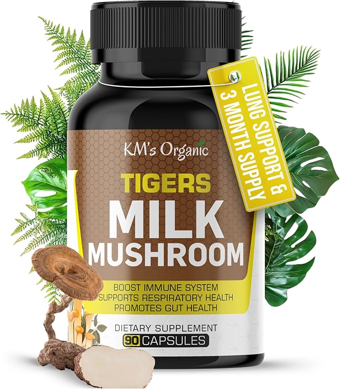 KM's Organic Tiger’s Milk Mushroom Supplement 10:1 Extract (Lignosus Rhinocerus) – Respiratory &amp Immune Support Gut Health – 450 mg 90 Vegan Capsules