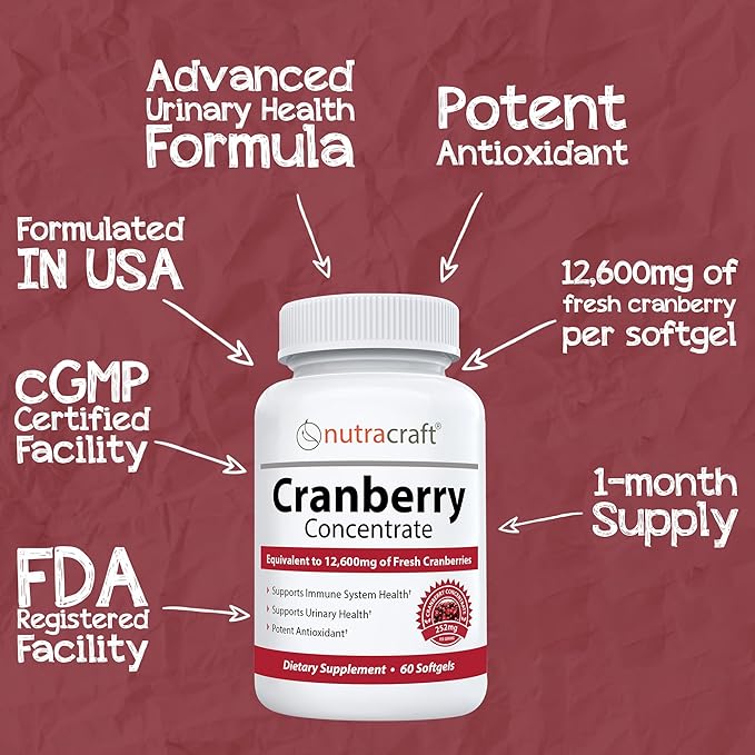 Nutracraft #1 Cranberry Extract Supplement for Bladder &amp Urinary Tract Support | 12600 mg of Fresh Cranberries Vitamin C &amp E and Polyphenols | Lab Tested &amp Easy to Swallow | 60 Softgels
