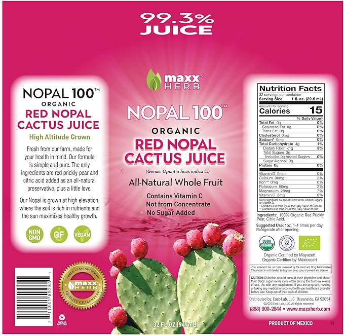 Maxx Herb Organic Red Nopal Cactus Juice - for Joint Support Healthy DigestionVegan Non-GMO and Gluten Free – 4 Bottles 32 Oz Each (128 Servings)