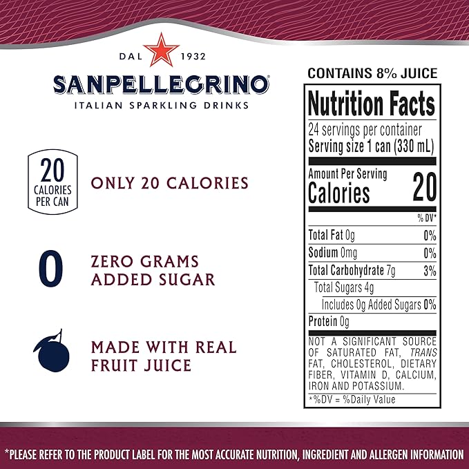 Sanpellegrino Zero Grams Added Sugar Pomegranate &amp Orange Italian Sparkling Drink 24 Pack Of 11.15 Fl Oz Cans Sanpellegrino Italian Sparkling Drinks Low-Calorie Fruit Juice Beverages