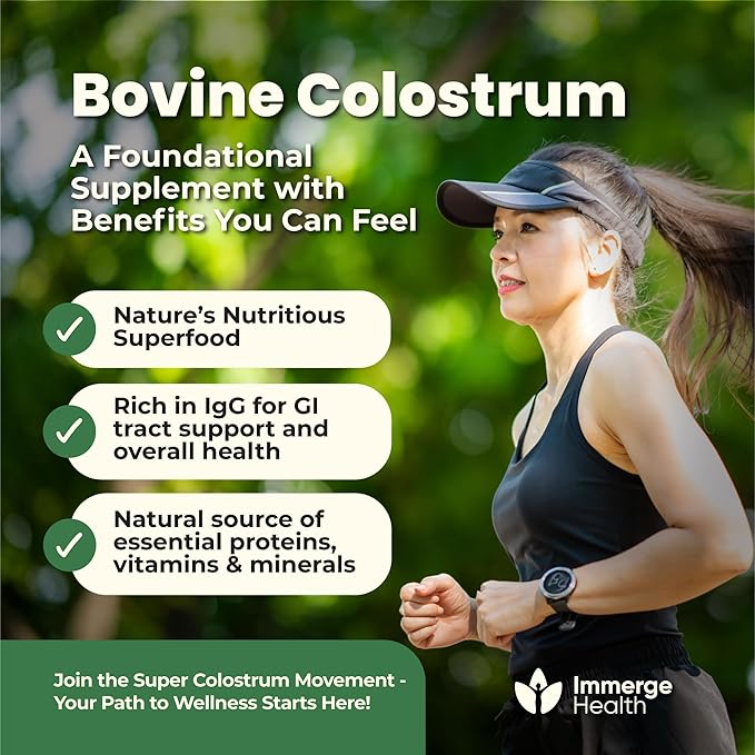 Immerge Health Super Colostrum Powder (60 Servings) – Premium Bovine Colostrum Supplement for Gut Health Bloating &amp Immune Support – High IgG 100% Grass Fed First Milking Unflavored Made in US