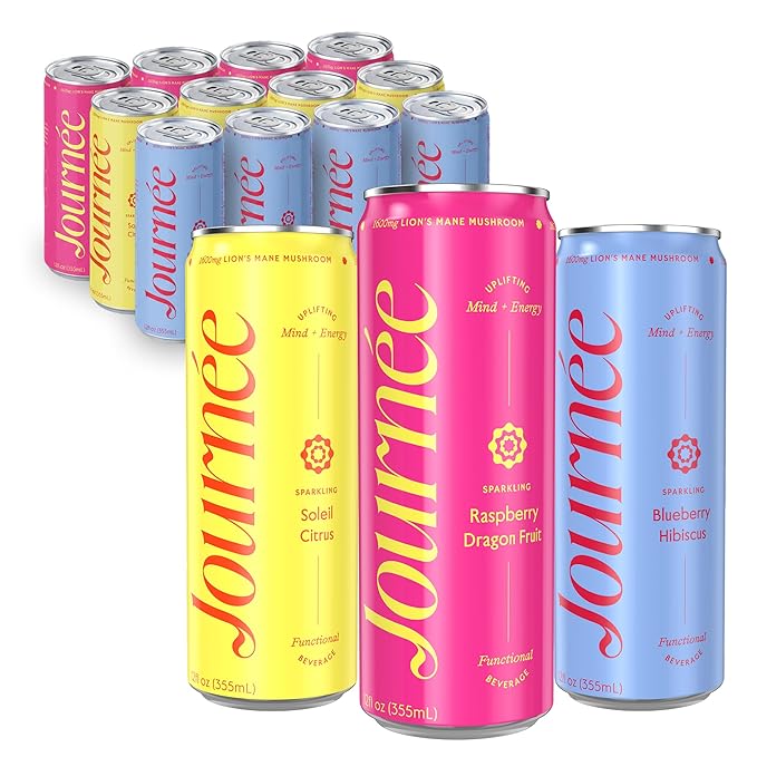 Journée Wellness Energy Drink Natural Caffeine Lion’s Mane L-Theanine 125 mg Caffeine Real Fruit Juice All Natural 0 Added Sugar Cognition Immunity - Variety Pack - Pack of 12