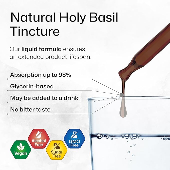 BIO KRAUTER® Holy Basil for Calm &amp Relaxation Support - Vegan Holy Basil Supplement 625 mg per Serving for Mood Support - 4 Fl.Oz. 56-Day Supply Alcohol &amp Sugar Free Herbal Adrenal Supplemen