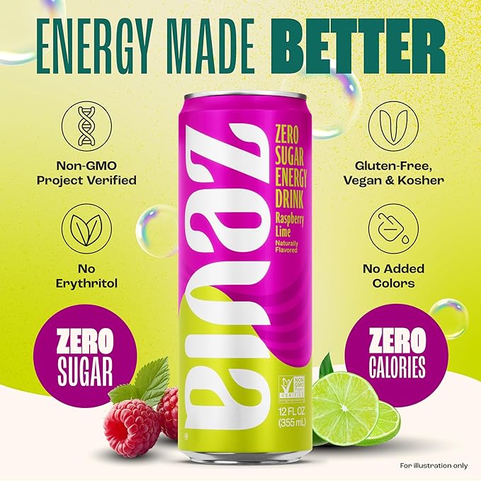 Zevia Zero Sugar Energy Drink Raspberry Lime 12 oz Cans (12-Pack) – Naturally Sweetened Zero Calorie Sugar Free Energy - Non-GMO Project Verified Gluten-Free Vegan