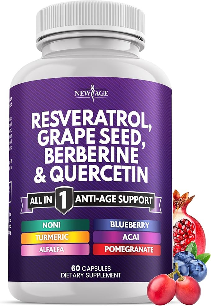NEW AGE Resveratrol Berberine Grape Seed Extract Quercetin - Polyphenol Supplement for Women and Men with Noni N-Acetyl Cysteine Acai - 60 Capsules