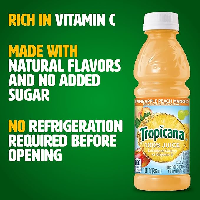 Tropicana 100% Pineapple Peach Mango Juice Single Serve 10 Fl Oz Bottles (Pack of 24) - Real Fruit Juice Vitamin C B &amp E Rich No Added Sugars No Artificial Flavors