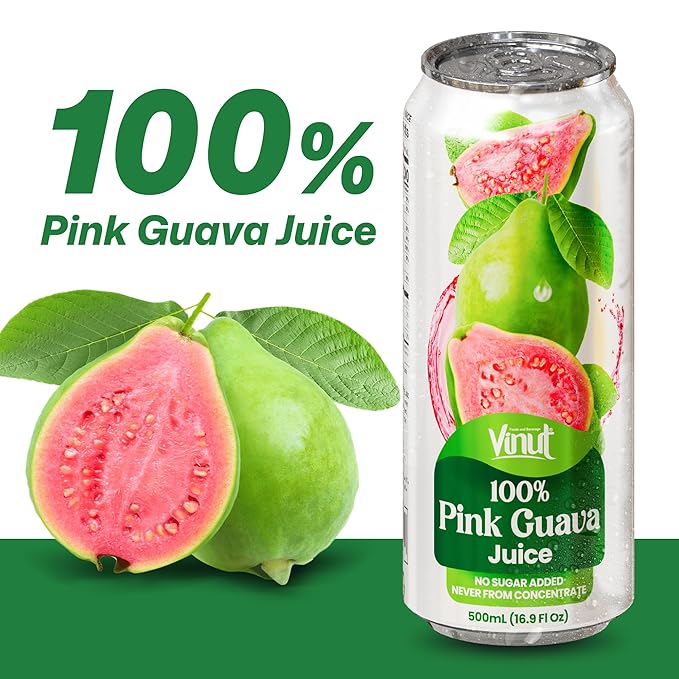 VINUT 100% Pink Guava Juice No Added Sugar Not From Concentrate 16.9 fl oz (500 mL) Can Pack of 12