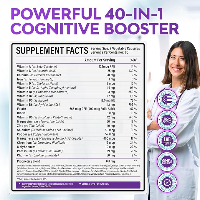 40-in-1 Brain Booster Supplements for Memory Focus Clarity Energy Performance | Natural Nootropic Brain Support Supplement with DMAE Bacopa Monnieri &amp More | For Men &amp Women | 120 V Capsu