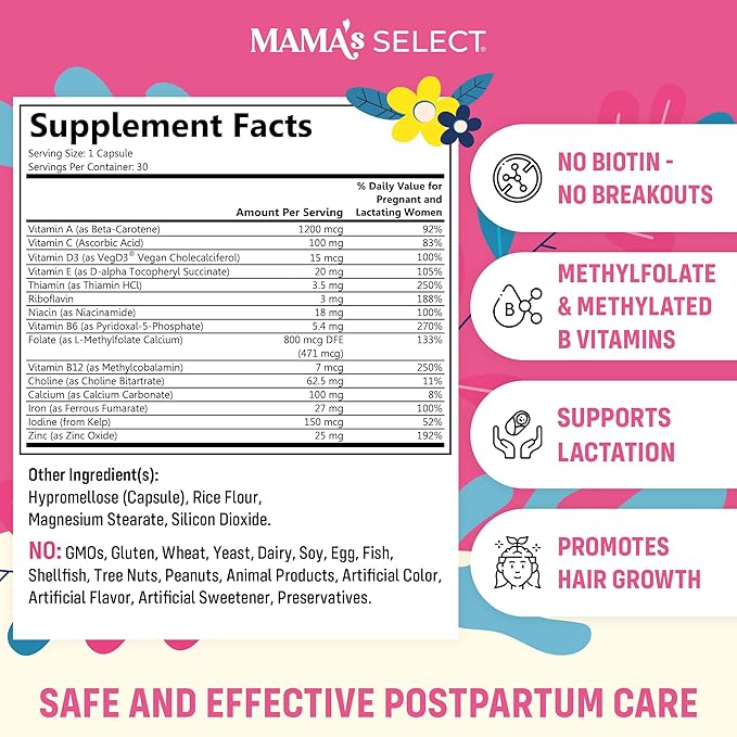 Mama's Select Postnatal Vitamins – Boosts Hair Recovery Milk Supply &amp Wellness – Allergen-Free Vegan MTHFR Friendly Methylated Folate &amp B Vitamins Easy-to-Swallow No Biotin - 30 Capsule
