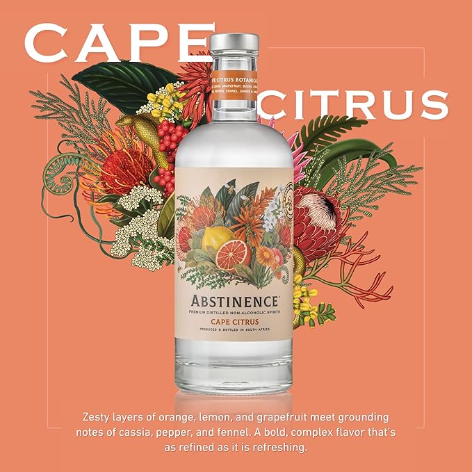 Abstinence Cape Citrus Non Alcoholic Spirit 750ml Award-Winning Calorie-Free Sugar-Free Botanical Inspired Vibrant Citrus and Warm Spice Notes Zero Proof Mocktail Alternative