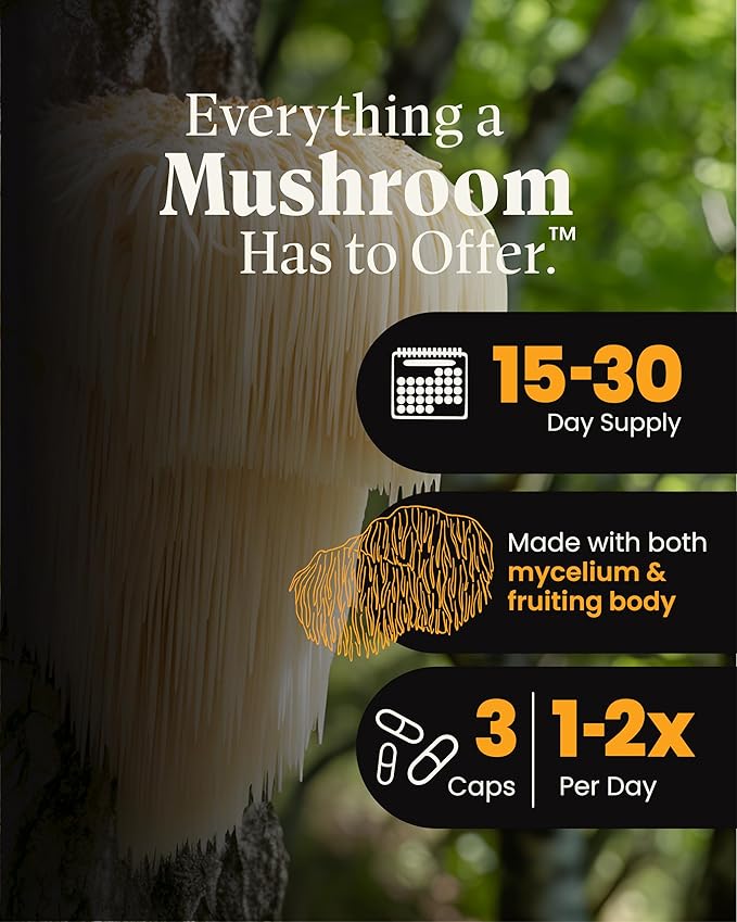 Mushroom Wellness Lion’s Mane Blend with Reishi: Organic Lion's Mane &amp Reishi Mushroom Capsules Mushroom Powder Supplement Supports Cognitive Health Memory and Mental Focus 90 Vegan Capsules