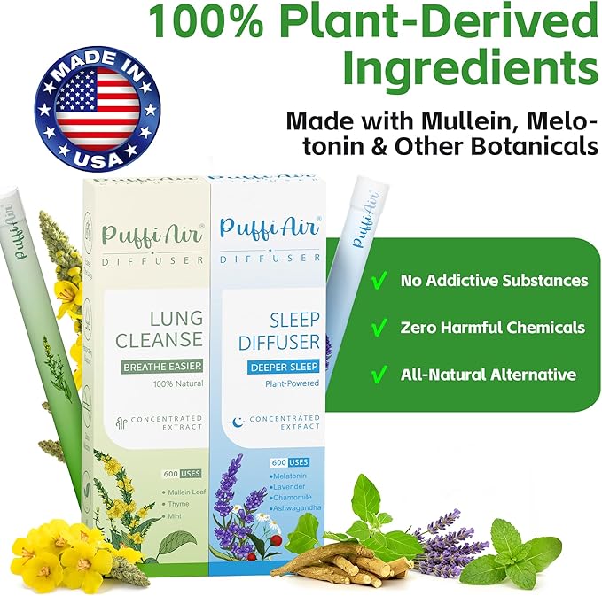Herbal Diffuser Duo Lung Cleanse and Sleep Diffuser with Extracts of Mullein and Melatonin 100% Natural Swap Day &amp Night Duo 4 Sticks 600 Uses Each=