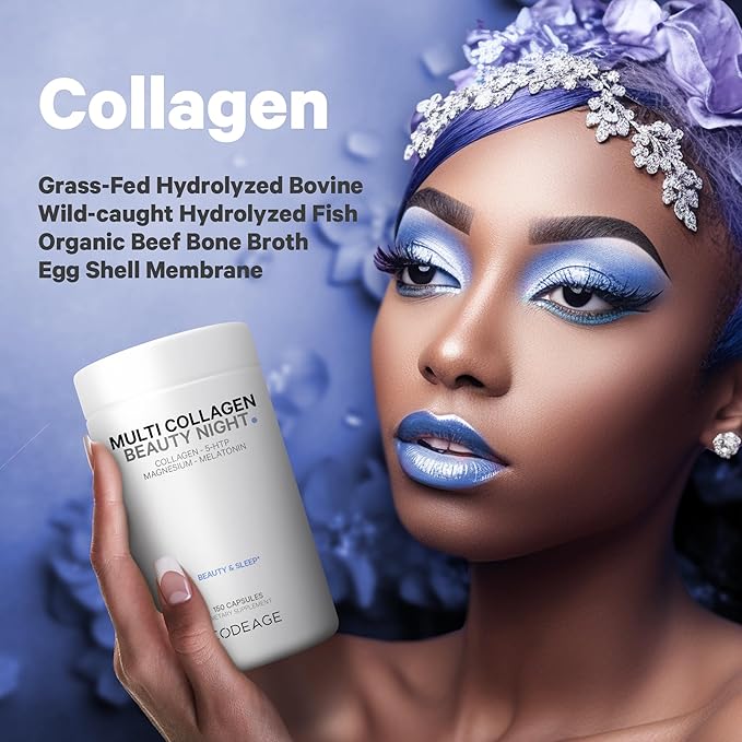 Codeage Multi Collagen Protein Beauty Night - Melatonin Magnesium Bisglycinate 5-HTP L-Theanine English Lavender Flower Bone Broth - Vitamins - Supplement - Sleep Pills - Non-GMO - 150 Capsules