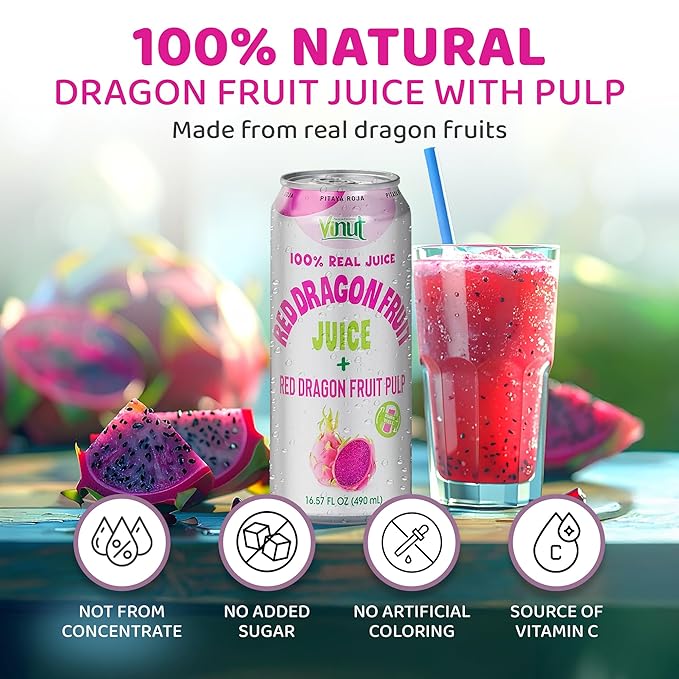 VINUT 100% Red Dragon Fruit Juice with Pulp (Pitaya) No Added Sugar Not From Concentrate 16.57 fl oz (490 mL) Can Pack of 6