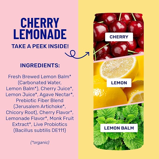 NEW! wildwonder Sparkling Probiotic Drink 12pk For Gut Health &amp Immune Support Cherry Lemonade 5g Prebiotic Fiber Live Probiotics Organic Vegan Low Sugar 12 Pack 12oz Can Seen on Shark T