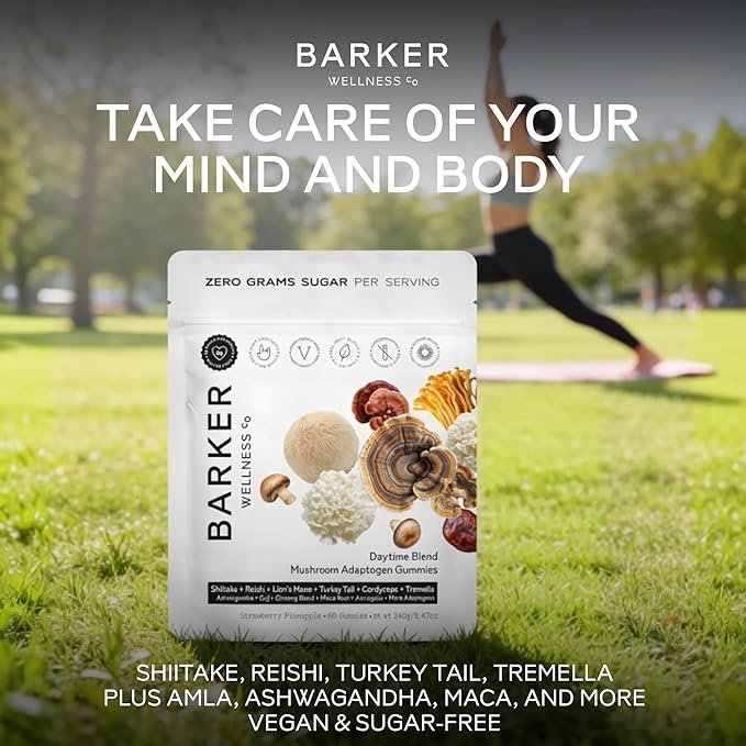 Barker Wellness Daytime Sugar-Free Adaptogen Mushroom Gummies - Lion's Mane Cordyceps Reishi &amp Shiitake | Vegan Immune System Support Natural Energy Enhanced Focus &amp Mood for Adults | 60